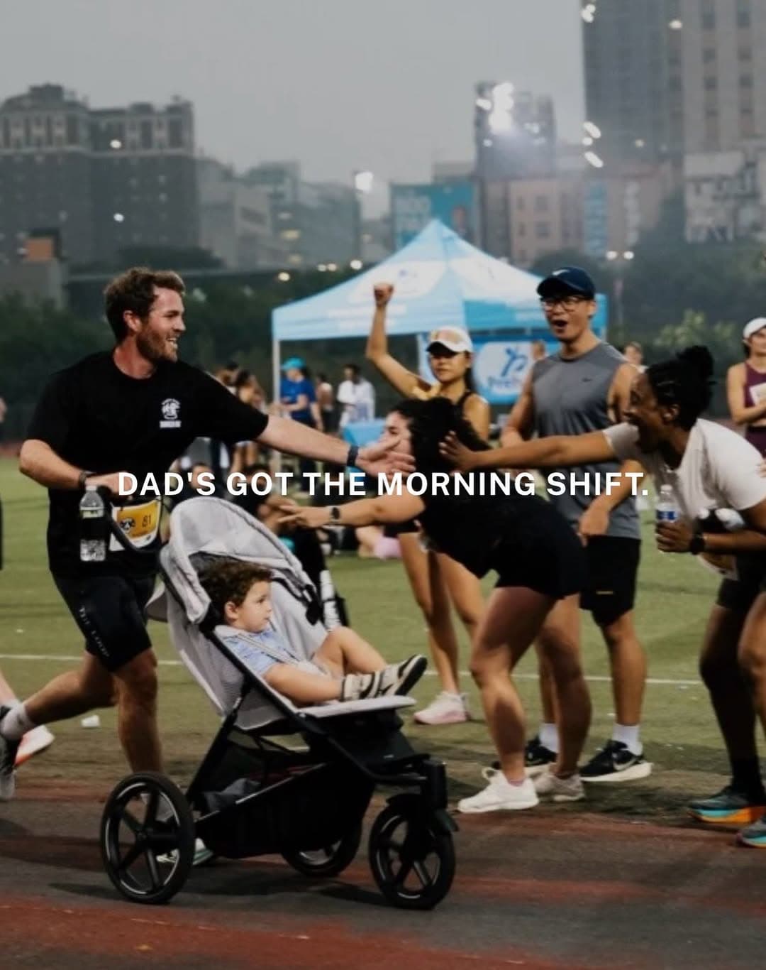 Runners from Dumbo Dads Run Club and Dyckman Run Club gather at NYC Summer Heat Series event with Adidas and Electrolit branding visible